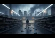Empty supermarket aisle with a person shopping.