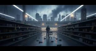 Empty supermarket aisle with a person shopping.