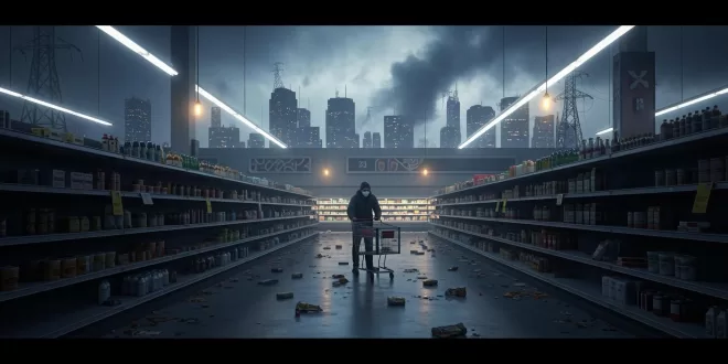Empty supermarket aisle with a person shopping.