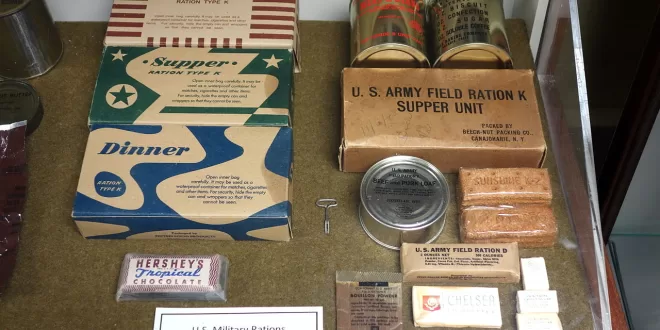 Display of U.S. military rations from WWII and Korean War.
