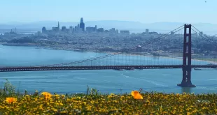 Golden Gate Bridge with San Francisco skyline backdrop.