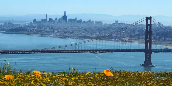 Golden Gate Bridge with San Francisco skyline backdrop.