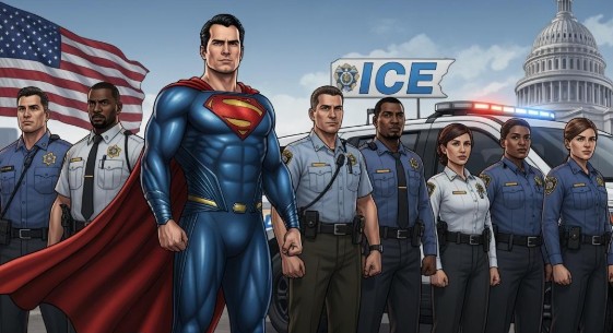 Superman with law enforcement officers; American flag backdrop.