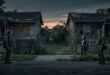 “Post-collapse suburban neighborhood with fences and wary neighbors showing the breakdown of trust in survival scenarios.”