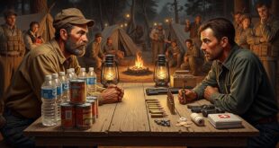 Bartering after collapse with canned food, water, and ammunition in a survival camp