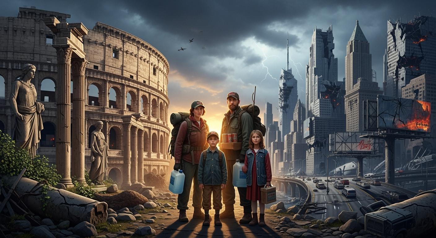 Family in survival gear amidst urban ruins.