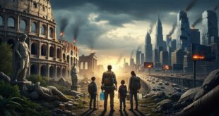 Survivors facing a destroyed cityscape and ruins.