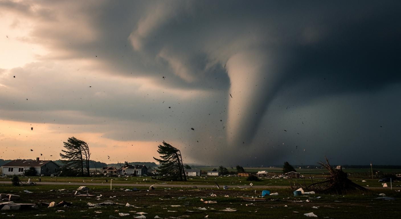 Tornado forming over a rural landscape at sunset
