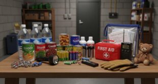Tornado preparedness kit with emergency supplies including water, food, flashlight, first aid kit, and radio