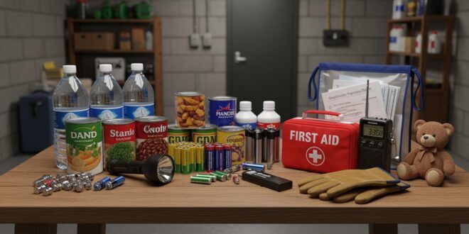Tornado preparedness kit with emergency supplies including water, food, flashlight, first aid kit, and radio