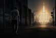 Man walks towards illuminated church in urban setting.