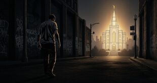 Man walks towards illuminated church in urban setting.