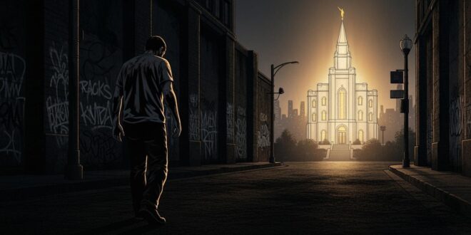 Man walks towards illuminated church in urban setting.