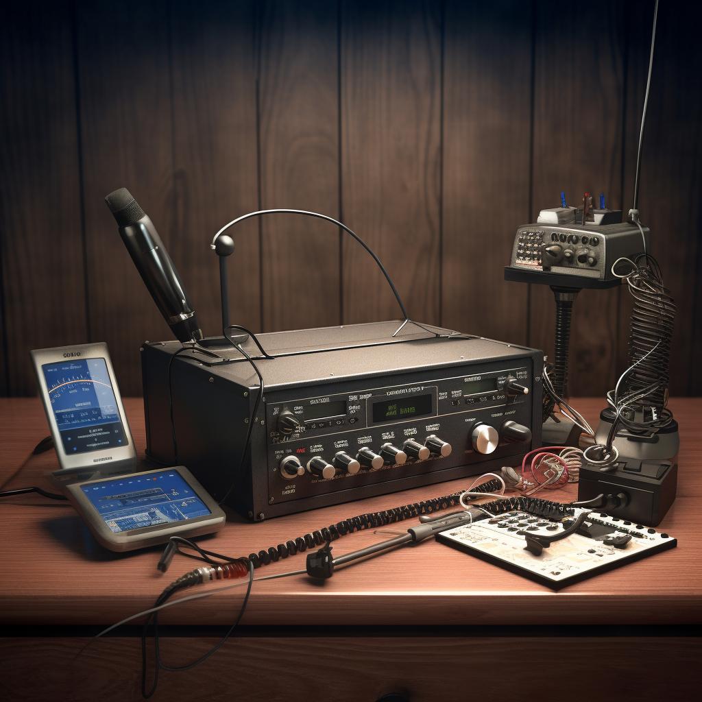 Various radio communication equipment on a wooden table.